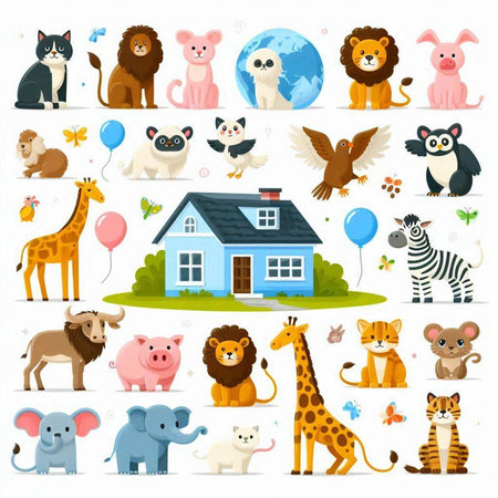 Animals and houses set. Cartoon illustration of animals and houses vector set for web designのイラスト素材