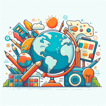 Back to school background with globe and school supplies. Vector illustration.のイラスト素材