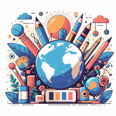 Back to school and education concept with globe and school supplies. Vector illustrationのイラスト素材