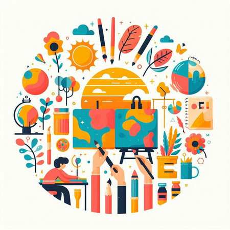 Flat design modern vector illustration concept of art school, back to school, education, creative process, creative process, creative process, web page template.のイラスト素材