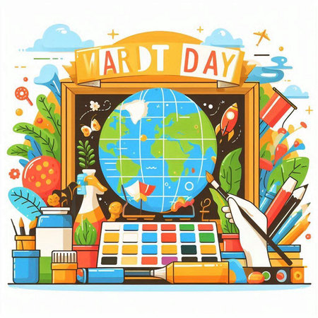 Vector illustration of world education day greeting card with school supplies in wooden frame.のイラスト素材