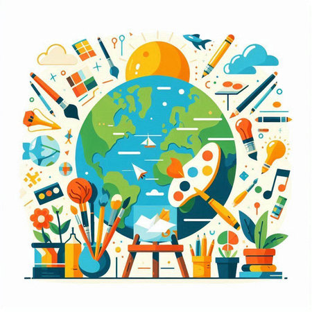 Back to school concept. Flat style vector illustration. Globe, paints, brushes, pencils, paints, globe.のイラスト素材