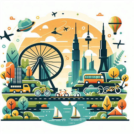 City landscape with famous landmarks and cars. Vector illustration in flat styleのイラスト素材