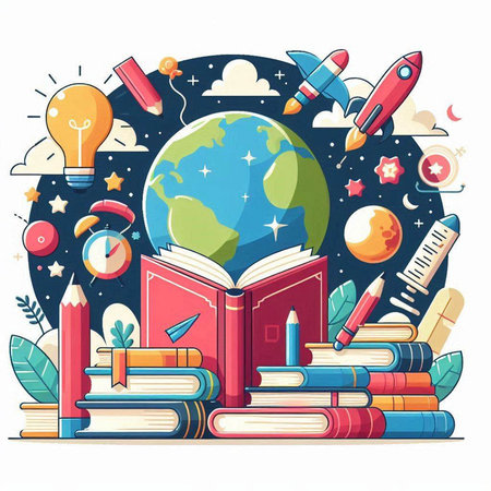 Back to school, education concept with books, globe, rocket, pencils and other elements. Vector illustration.のイラスト素材