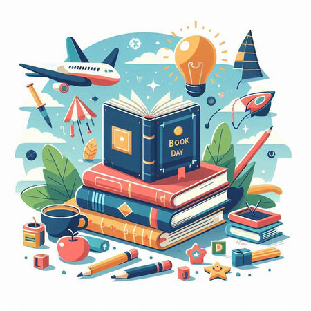 Vector illustration of education and learning concept with books, pencils, airplane, lamp and other elements.のイラスト素材
