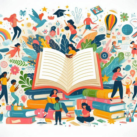 Back to school concept. Group of people reading books. Vector illustration.のイラスト素材