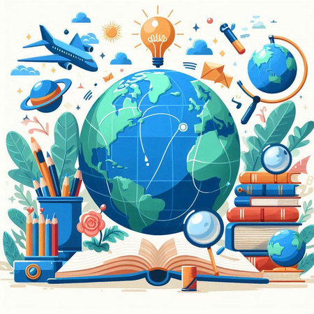 Back to school and education concept. Vector illustration with globe, books, pencils, lightbulb, globe and other objects.のイラスト素材