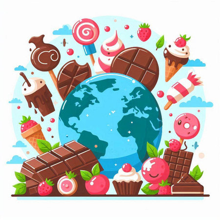 Vector illustration of world with chocolate, ice cream, ice cream, fruits and berries.のイラスト素材