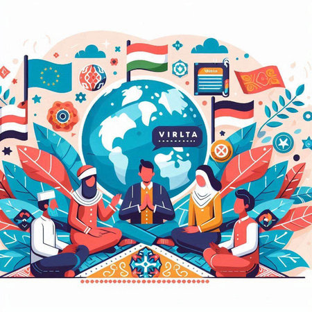 People in national costumes sitting on the carpet with flags of the world. Vector illustration.のイラスト素材
