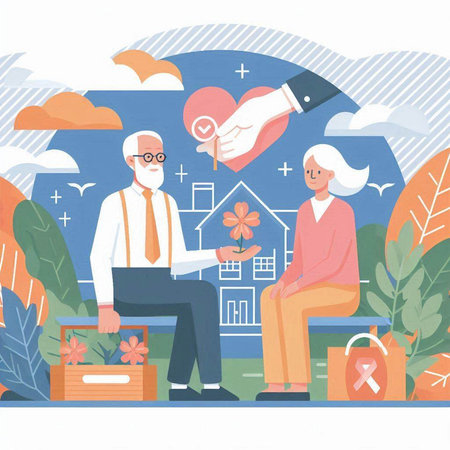 Elderly couple sitting on bench in park. Vector flat illustrationのイラスト素材