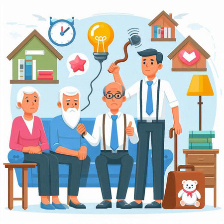 Elderly people in the living room. Flat style vector illustration.のイラスト素材