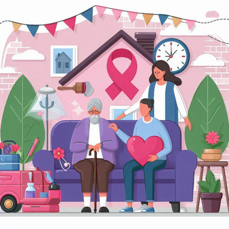 Breast cancer awareness concept. Woman and man with pink ribbon. Vector illustrationのイラスト素材