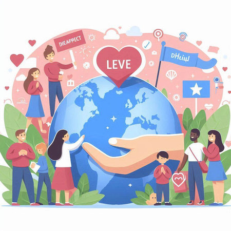 Vector illustration of people around the world holding a globe with hearts.のイラスト素材