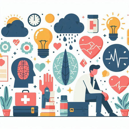 Medicine and healthcare concept. Vector flat design illustration of doctor sitting in front of big medical icons.のイラスト素材