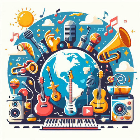 Vector flat illustration with music instruments and world map in the center.のイラスト素材