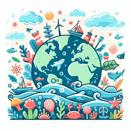 Cartoon illustration of the planet Earth in the sea. Vector illustrationのイラスト素材