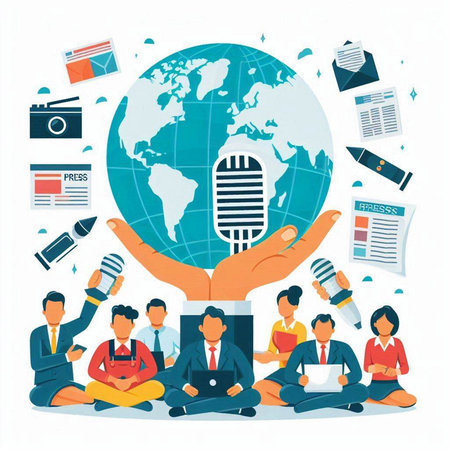 Media interview concept. Vector flat graphic design illustration of media interview.のイラスト素材