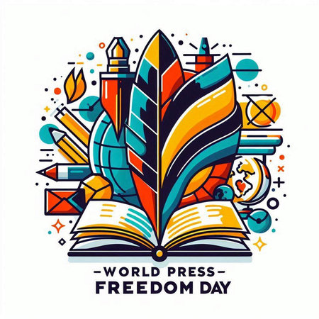 Vector illustration of World Freedom Day with feather pen, book and school supplies.のイラスト素材