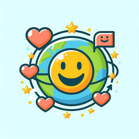 Smiling earth with hearts around. Vector illustration in cartoon style.のイラスト素材