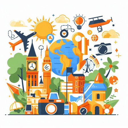 Travel around the world. Vector illustration in flat style with icons.のイラスト素材