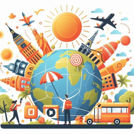 Travel around the world. Traveling around the world. Vector illustrationのイラスト素材