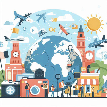 Travel around the world. Vector illustration in flat design style. Traveling around the world.のイラスト素材