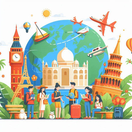 Traveling around the world. Tourists traveling around the world. Vector illustrationのイラスト素材