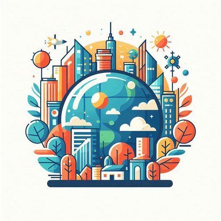 Cityscape with skyscrapers, buildings and trees. Vector illustration.のイラスト素材