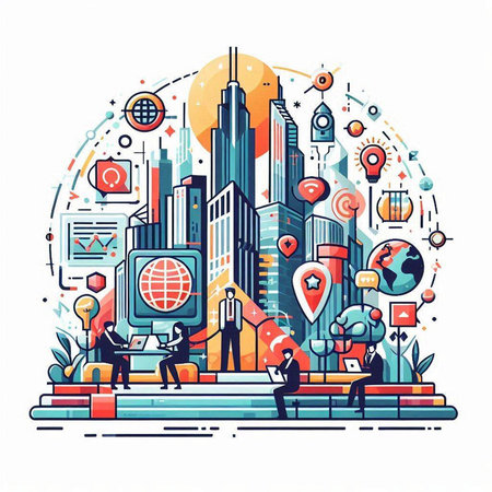 Vector illustration in flat linear style with icons of city, people, gadgets.のイラスト素材