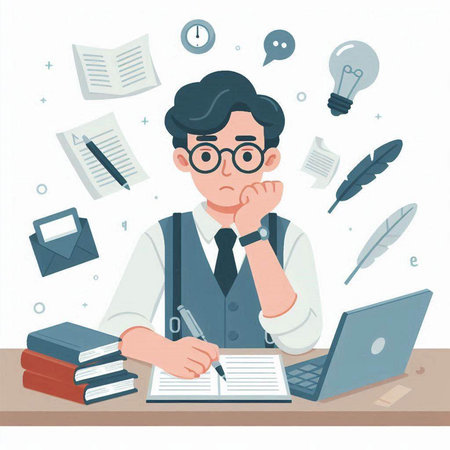 Vector illustration of a man sitting at his desk and doing his homeworkのイラスト素材