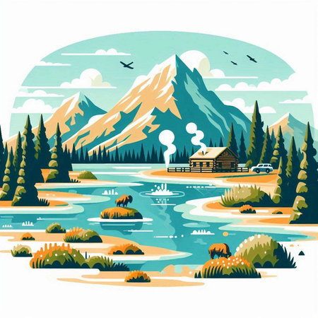 Landscape with mountains, lake and forest. Vector illustration in flat styleのイラスト素材