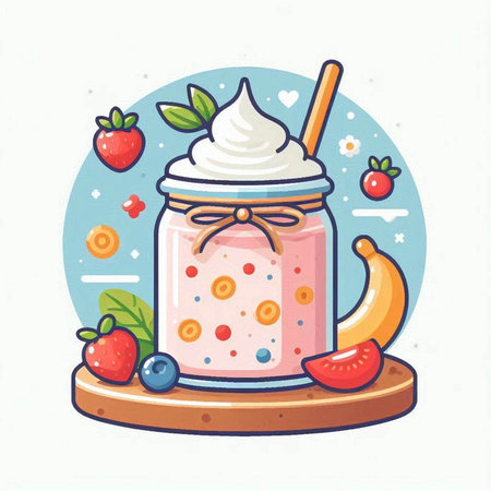 Smoothie in a jar with berries and whipped cream. Vector illustration.のイラスト素材