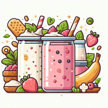 Fruit smoothie in glass jars. Colorful vector illustration.のイラスト素材