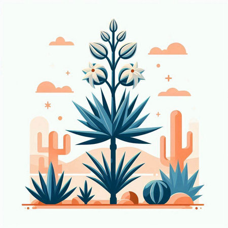 Desert landscape with flowers and cactuses. Vector illustration.のイラスト素材