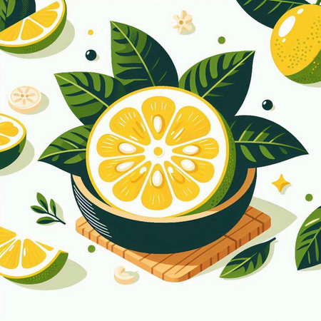 Citrus fruit with green leaves and slices. Vector illustration.のイラスト素材
