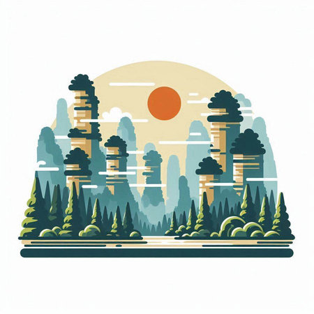 Landscape with forest, lake and sun. Vector illustration in flat style.のイラスト素材