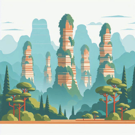 Landscape with mountains and forest. Vector illustration in flat style.のイラスト素材
