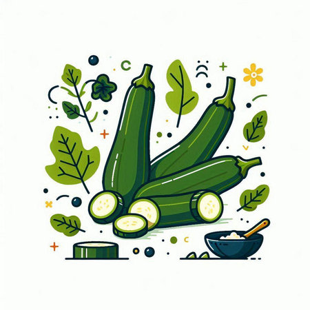 Zucchini vector illustration. Hand drawn green zucchini with leaves, seeds, powder and bowl of vegetable oil.のイラスト素材