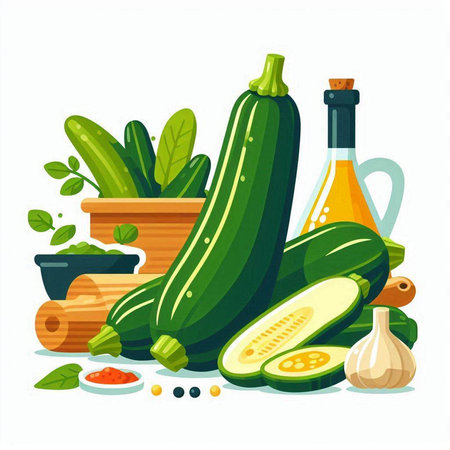 Fresh zucchini and ingredients for cooking. Vector illustration in flat styleのイラスト素材