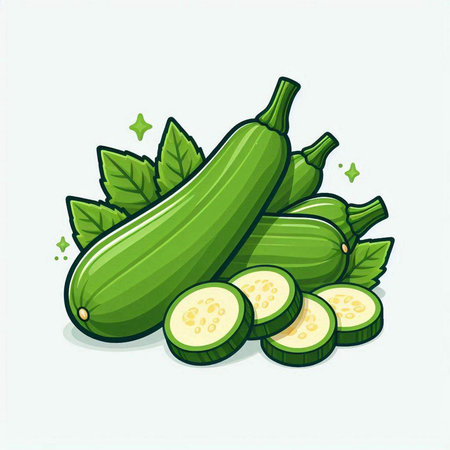 Zucchini with slices and green leaves on white background. Vector illustration.のイラスト素材