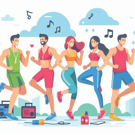 Group of people jogging in the city. Flat vector illustration.のイラスト素材
