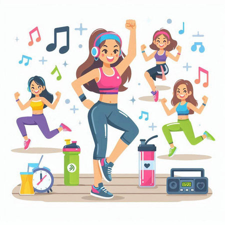 Sporty girl running and listening to music in headphones. Vector illustrationのイラスト素材