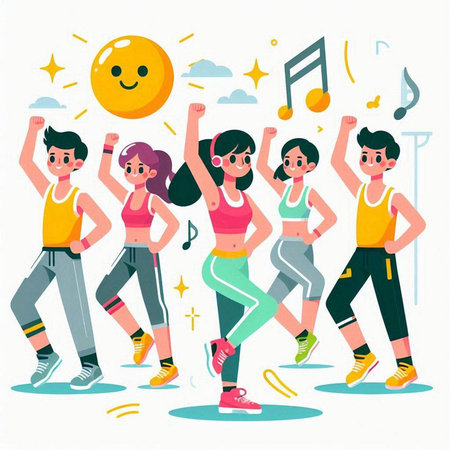 Group of young people dancing. Healthy lifestyle. Vector illustration in cartoon style.のイラスト素材