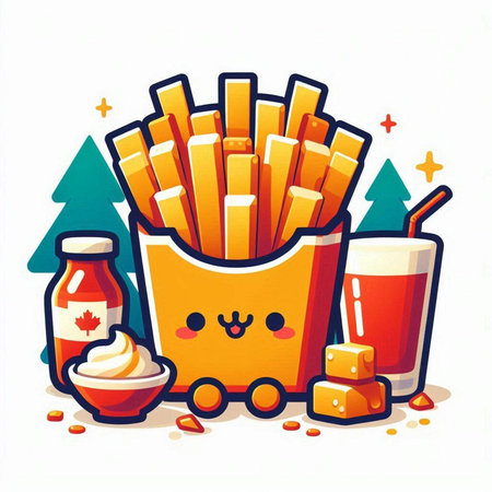 French fries with a glass of juice and a bottle. Vector illustration.のイラスト素材