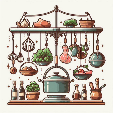 Shelves with kitchen utensils. Vector illustration in retro styleのイラスト素材