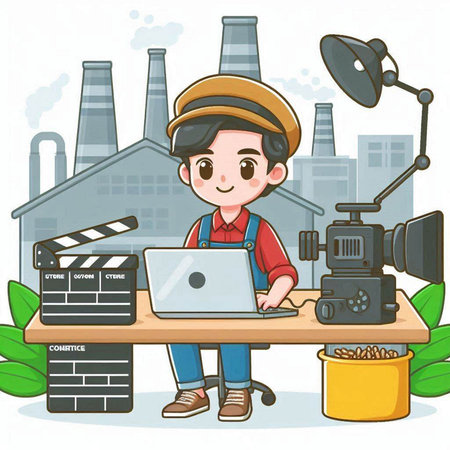 Cute cartoon boy with a laptop and video camera. Vector illustration.のイラスト素材