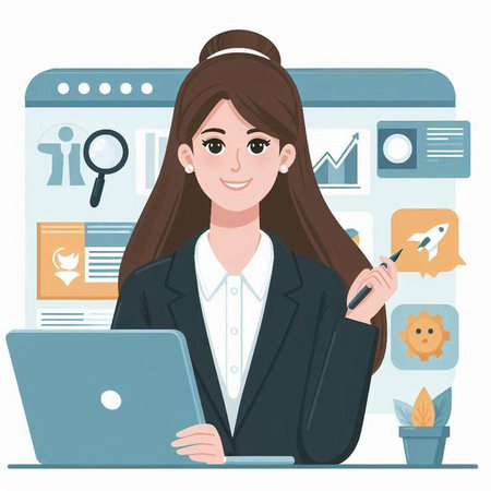 Vector illustration of a businesswoman working on a laptop at office.のイラスト素材