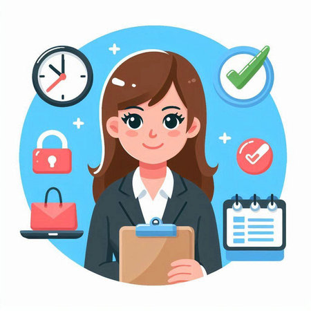 Business woman with clipboard and clock. Vector illustration in flat style.のイラスト素材