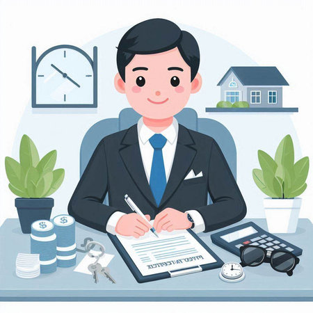 Real estate agent. Young man signing a contract. Vector illustration.のイラスト素材