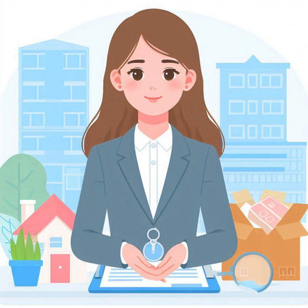 Businesswoman in a suit on the background of the city. Vector illustrationのイラスト素材